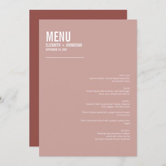 Simple Boho Dusty Ro Typography Bröllop Menu Meny (Fram/baksida)