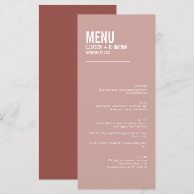 Simple Boho Dusty Ro Typography Bröllop Menu Meny (Fram/baksida)