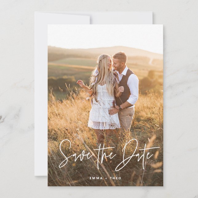 Simple Boho | Elegant Modern skript och foto Spara Datumet (Framsida)