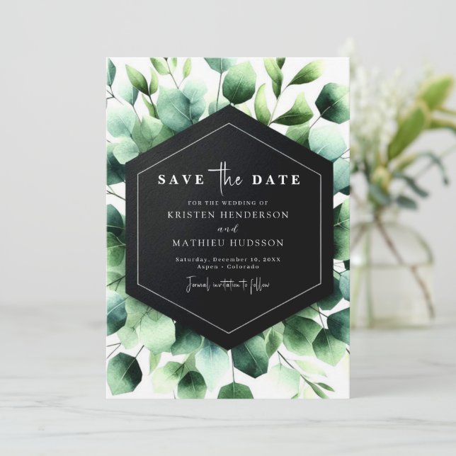 Simple Boho Eucalyptus Digital Bröllop Spara Datumet (Stående Fram)