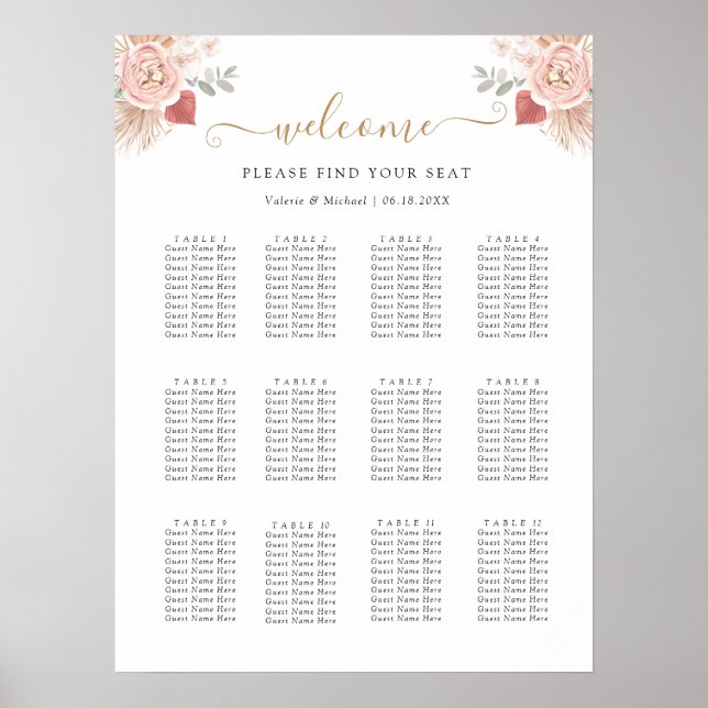 Simple Boho Florals Wedding Seating Chart Poster (Framsidan)