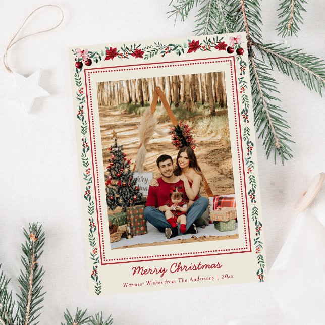Simple Boho jul Greenery Poinsettia 1 Photo Julkort (Skapare uppladdad)