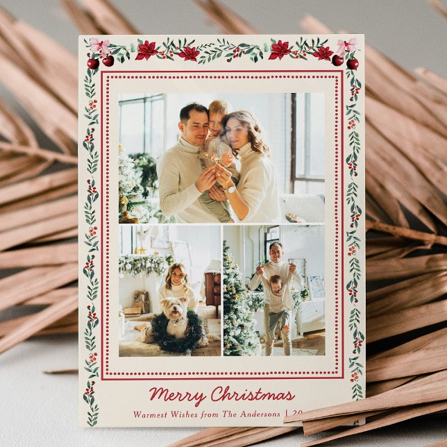 Simple Boho jul Greenery Poinsettia 3 Photo Julkort (Skapare uppladdad)