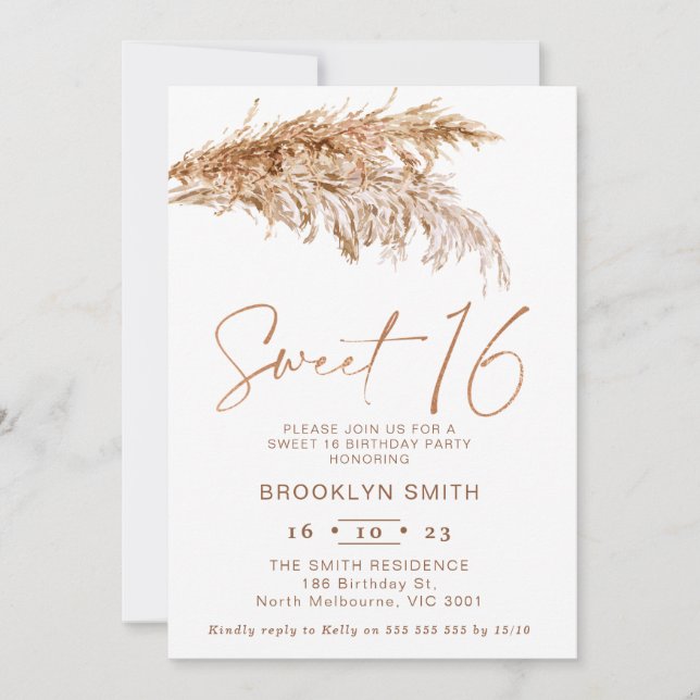 Simple Boho Pampas Grass Sweet 16 Birthday Inbjudningar (Framsida)