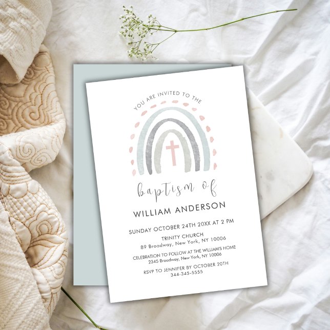 Simple Boho Rainbow Kor Boy Baptism Inbjudningar (Simple Boho Rainbow Cross Boy Baptism Invitation)