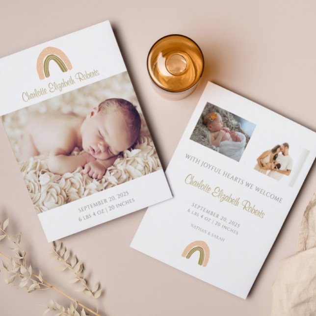 Simple Boho Rainbow Photo Birth Announcement Card (Skapare uppladdad)