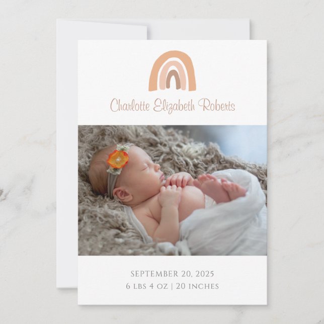 Simple Boho Rainbow Photo Birth Announcement Card Inbjudningar (Framsida)