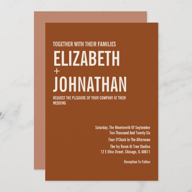 Simple Boho Terracotta Typography Bröllop Inbjudningar (Fram/baksida)