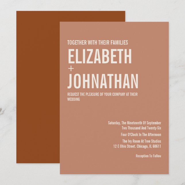 Simple Boho Terracotta Typography Bröllop Inbjudningar (Fram/baksida)