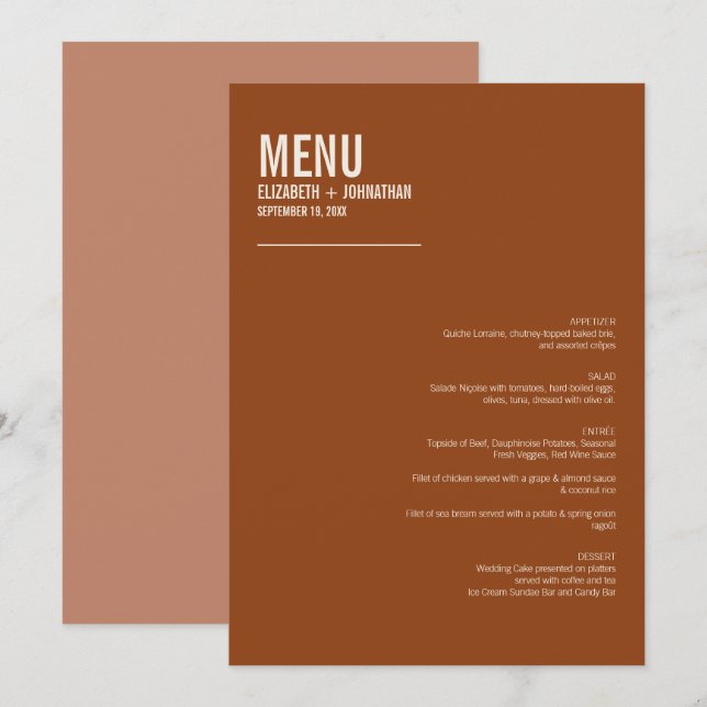 Simple Boho Terracotta Typography Bröllop Menu Meny (Fram/baksida)