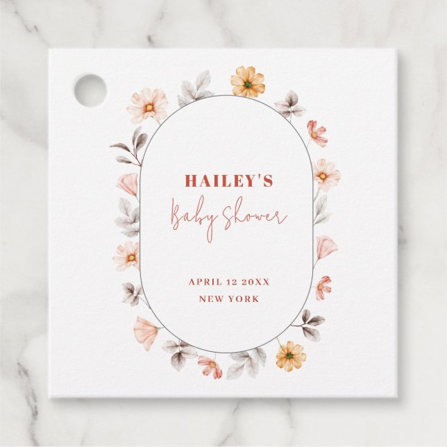 Simple Boho Wildblomme Ram Baby Shower Gåvor Etiketter (Framsida)