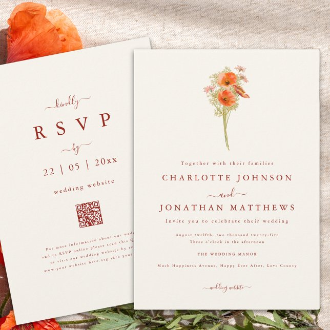 Simple Boho Wildbloms Fall Wedding Inbjudningar (Minimalist wildflower fall wedding invitation with wedding website qr code)