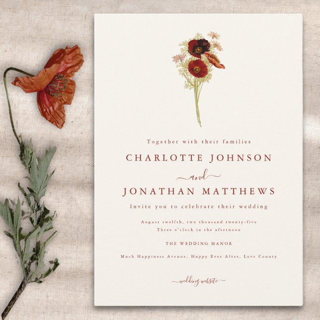 Simple Boho Wildbloms Fall Wedding Inbjudningar (Minimalist boho wildflower fall wedding invitation in earthy tones )
