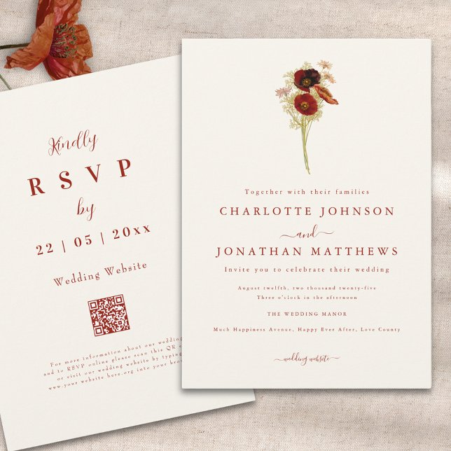 Simple Boho Wildbloms Fall Wedding Inbjudningar (Minimalist boho wildflower fall wedding qr code invitation )
