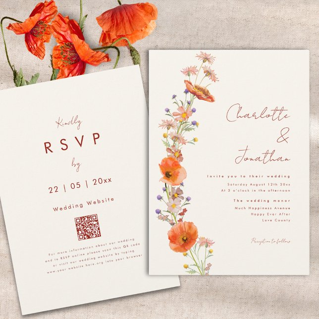 Simple Boho Wildbloms Fall Wedding QR-kod Inbjudningar (Boho wildflower fall wedding invitation RSVP qr code)