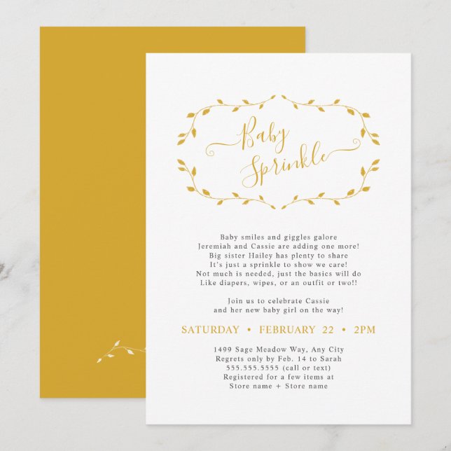 Simple Botanical Mustard Baby Sprinkle-inbjudan Inbjudningar (Fram/baksida)