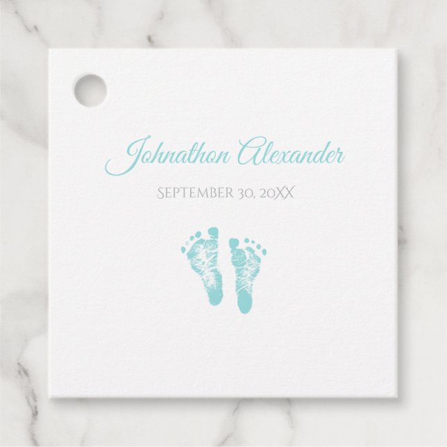 Simple Boy Birth Memento Precious Blue Footprint Gåvor Etiketter (Framsida)