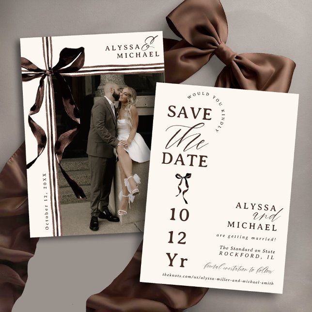 Simple Brown and Ivory Bow Elegant Photo Wedding Spara Datumet (Elegant modern watercolor brown and ivory coquette bow ribbon typography photo wedding save the date)