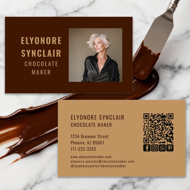 Simple Brown Chocolate Maker Photo Social QR Code  Visitkort (Skapare uppladdad)