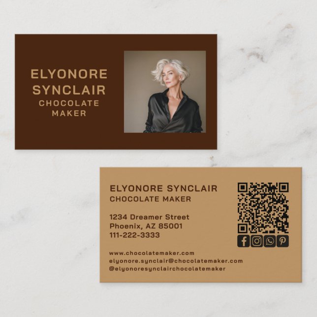 Simple Brown Chocolate Maker Photo Social QR Code  Visitkort (Fram/baksida)
