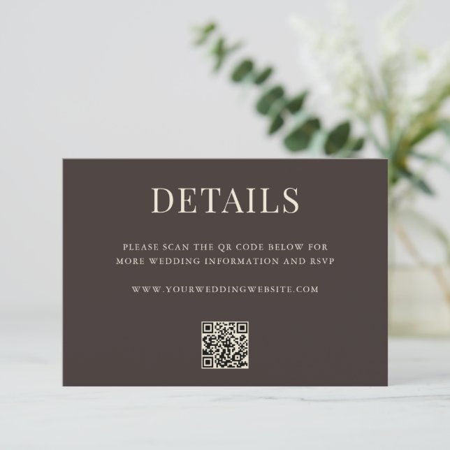 Simple Brown Modern QR Code Wedding Details Tilläggskort (Stående Fram)