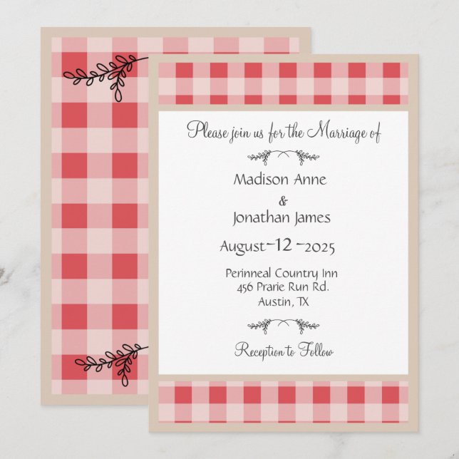 Simple Burgundy Play Gingham Land Weddig Inbjudningar (Fram/baksida)