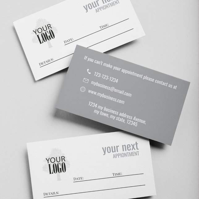 Simple Business Logo Appointment Card  Tidsbeställning Kort (Grey and white business cards with company logo placement.)