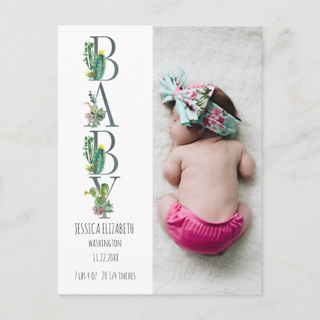 Simple Cactus Baby Photo Birth Notice Meddelande Vykort (Framsida)