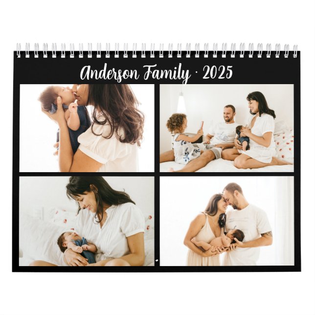 Simple Calligraphy Family Photo Collage Black Kalender (Omslag)