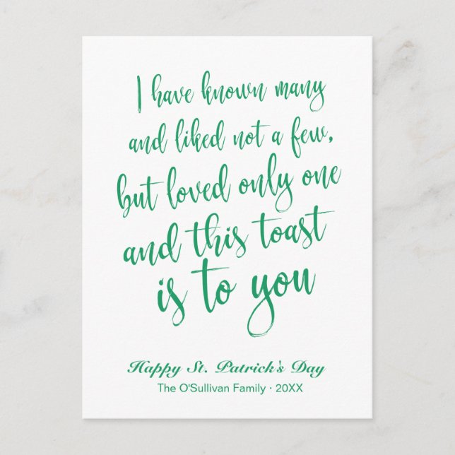 Simple Calligraphy Irish Toast St. Patrick's Day Vykort (Framsida)