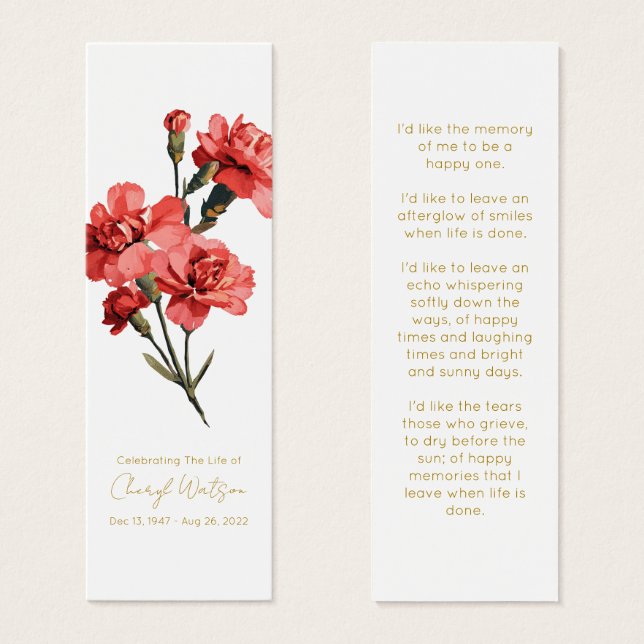 Simple Carnation Funeral Memorial Bookmark Litet Visitkort (Framsida & baksida)