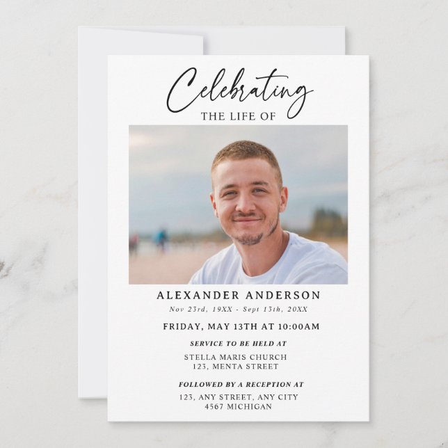 Simple Celebration of Life Black White Funeral Inbjudningar (Framsida)