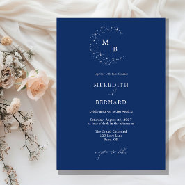 Simple Celestial Elegant Blue Monogram Wedding Inbjudningar