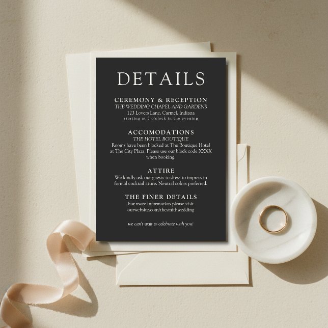 Simple Charcoal Classic Wedding Details Tilläggskort (Simple Charcoal Classic Wedding Details Enclosure Card
)