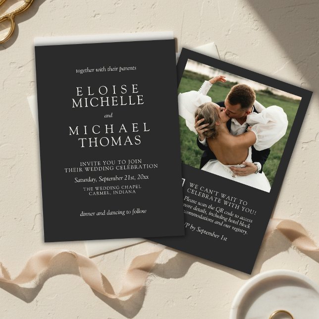 Simple Charcoal Photo Classic QR Code Wedding Inbjudningar (Simple Charcoal Photo Classic QR Code Wedding Invitation)