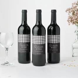 Simple Classic Black and White Houndstooth Cheers Vinflaska Etikett