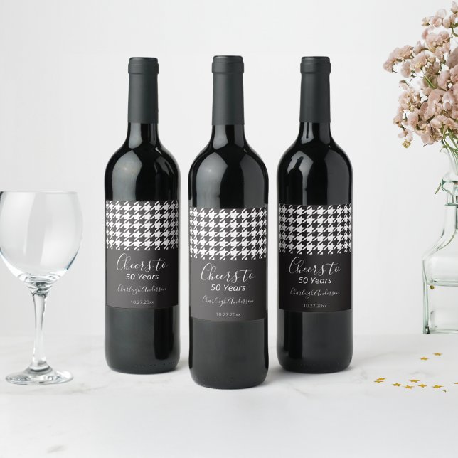 Simple Classic Black and White Houndstooth Cheers Vinflaska Etikett (Skapare uppladdad)