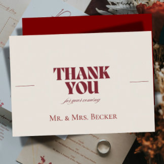 Simple classic Burgundy wedding thank you cards Tack Kort