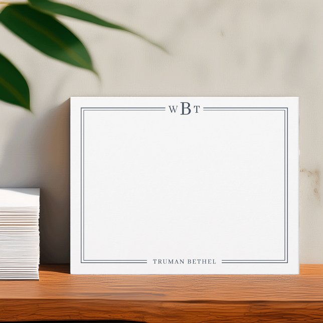 Simple Classic Navy Blue 3-Initial Monogram & Name Anteckningskort (Skapare uppladdad)