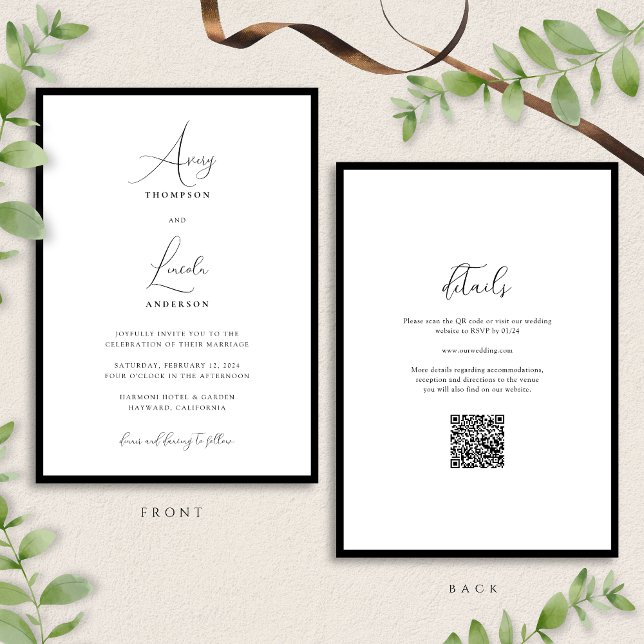 Simple Classy Black & White Border Wedding QR Code Inbjudningar (Skapare uppladdad)