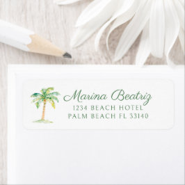 Simple Coastal Green Palm Tree Beach Club Address Returadress Etikett