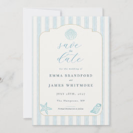 Simple Coastal Seashell Blue Wedding Save the Date Inbjudningar