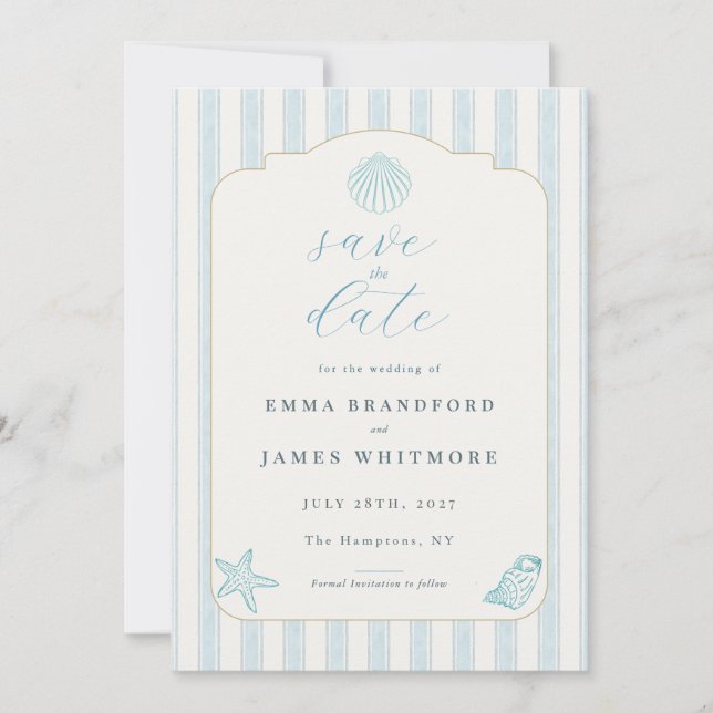 Simple Coastal Seashell Blue Wedding Save the Date Inbjudningar (Framsida)