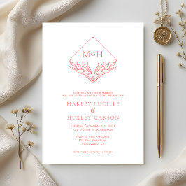 Simple Coral Rosa White Boho Monogram Bröllop Inbjudningar