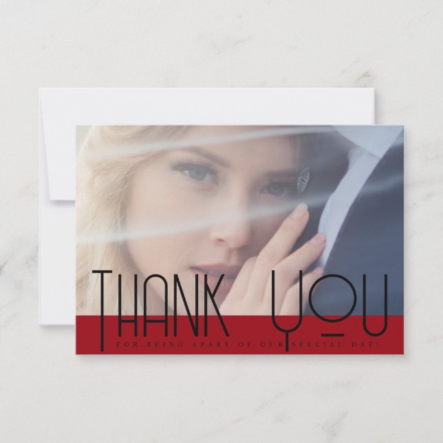 Simple Crimson Red Black Typography Photo Wedding Tack Kort (Framsida)