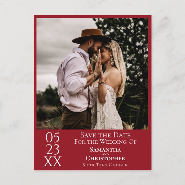 Simple Crimson Red Bröllop spara datum Photo Vykort (Framsida)