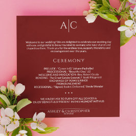 Simple Crimson Red Monogram Bröllop Ceremony Program