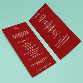 Simple Crimson Red Monogram Bröllop Ceremony Program