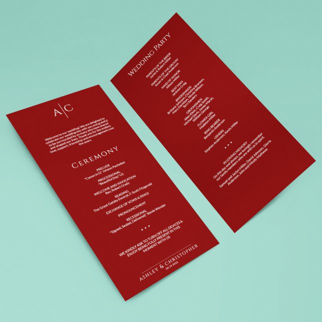 Simple Crimson Red Monogram Bröllop Ceremony Program (Skapare uppladdad)