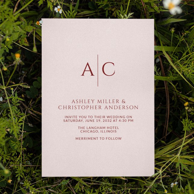 Simple Crimson Red & Ro Monogram Bröllop Inbjudningar (Skapare uppladdad)